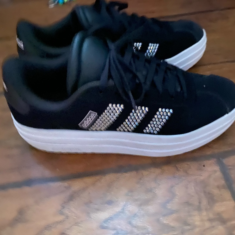 Adidas Black Platform Sneakers with Rhinestone Three Stripes